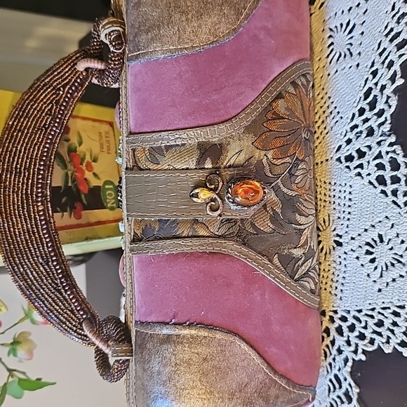 Vintage Mary Frances Stone Embellished Pink and Brown Women's Evening Clutch - Picture 8 of 16